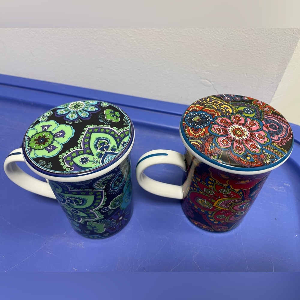 2 Gorgeous Paisley Vera Bradley Symphony in Hue & Blue Rhapsody Coffee Mugs/Lids - Picture 8 of 15